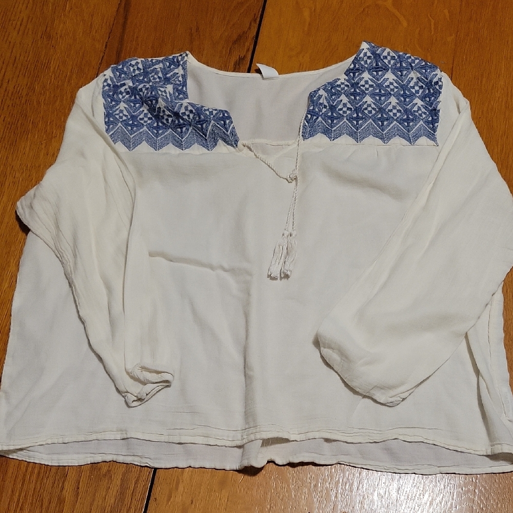 Old Navy Cream Blouse with Blue Embroidery